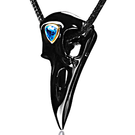 Necklace of Black Obsidian Carved Crystal Raven Skull Pendant with Blue Sky Topaz and 925 Sterling Silver Chain, Gold over Sterling Silver
